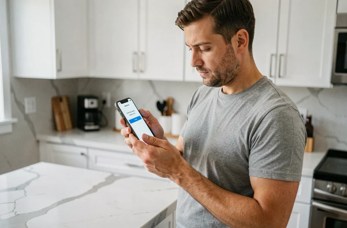 Homme activant son espace compte Orchestra sur smartphone dans une cuisine moderne