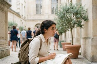 Adolescente dessinant dans un carnet illustré sur les marches d'un monument parisien lors de vacances créatives à Paris