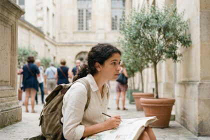 Adolescente dessinant dans un carnet illustré sur les marches d'un monument parisien lors de vacances créatives à Paris