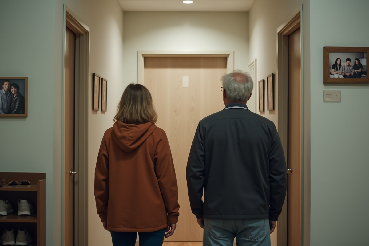 Adultes dans un couloir face à une porte fermée