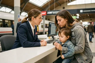 Agente SNCF accompagnant une mère avec enfant en situation urgente au guichet famille d'Amiens