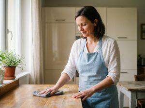 Aide ménagère professionnelle nettoyant le plan de travail d'une cuisine dans une maison à Brie-Comte-Robert
