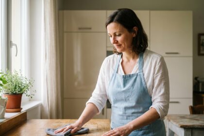Aide ménagère professionnelle nettoyant le plan de travail d'une cuisine dans une maison à Brie-Comte-Robert