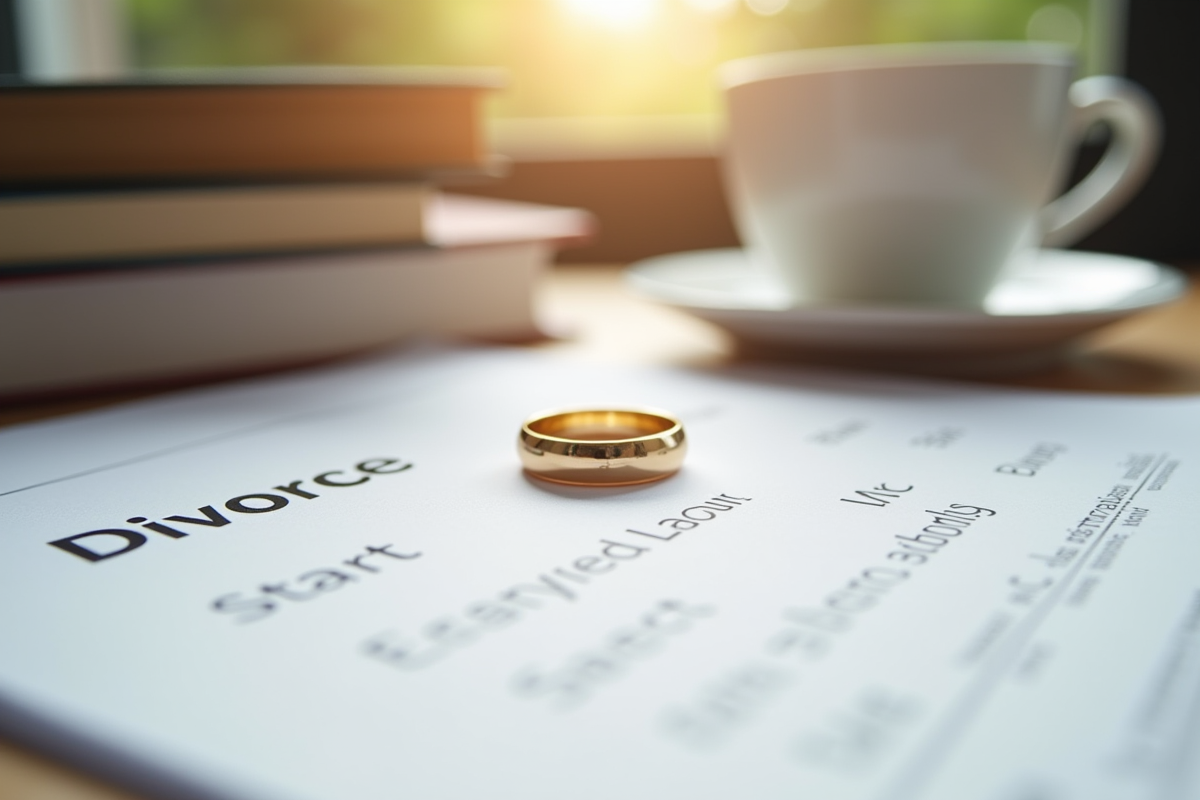 Alliance en or sur papiers de divorce sur un bureau lumineux