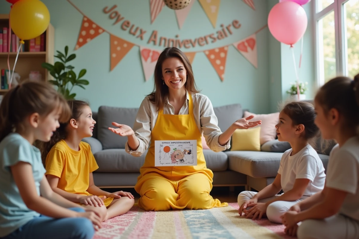 Animatrice expliquant les règles d'un jeu d'anniversaire à des enfants assis sur un tapis coloré en intérieur