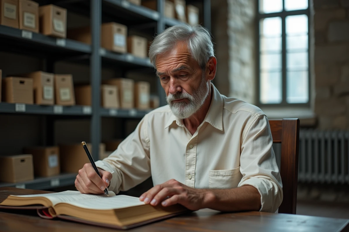 Homme âgé consultant un registre paroissial dans une salle d'archives pour des recherches généalogiques