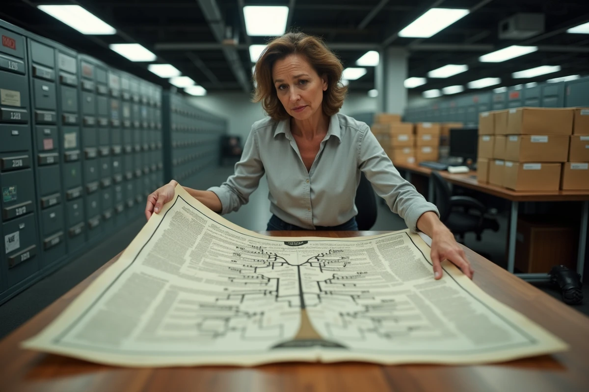 Archiviste dépouillant un arbre généalogique ancien dans une salle d'archives officielles