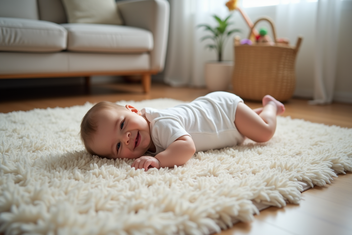 Bébé de 5 mois souriant en roulant sur un tapis douillet