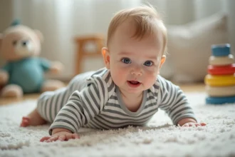 Bebe de 9 mois en body rayé se redressant sur un tapis de jeu