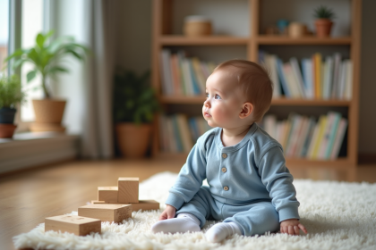 Bebe garçon curieux assis sur un tapis avec blocs en bois