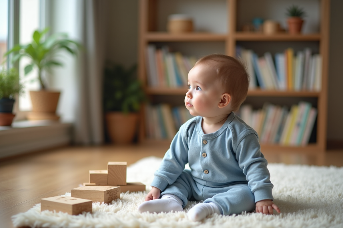 Bebe garçon curieux assis sur un tapis avec blocs en bois