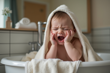 Bébé fatigué après la douche dans la salle de bain