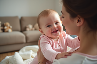 Bebe fille souriante touchant le visage de sa mère