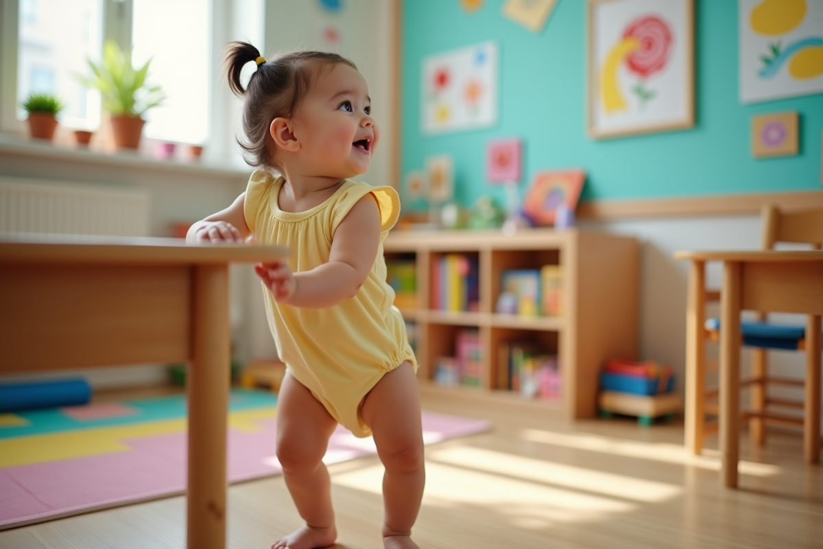 Bebe fille debout tenant une table en bois dans une salle de classe