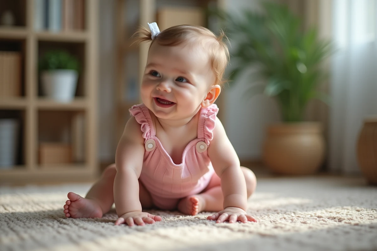 Bebe fille de 11 mois assise souriante dans un salon chaleureux