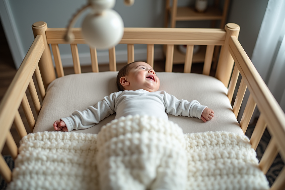 Bébé garçon de deux mois dans son lit avec mobile au-dessus