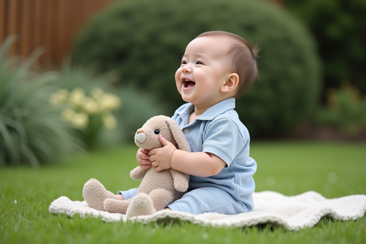 Bebe garcon riant avec un lapin en peluche dans le jardin