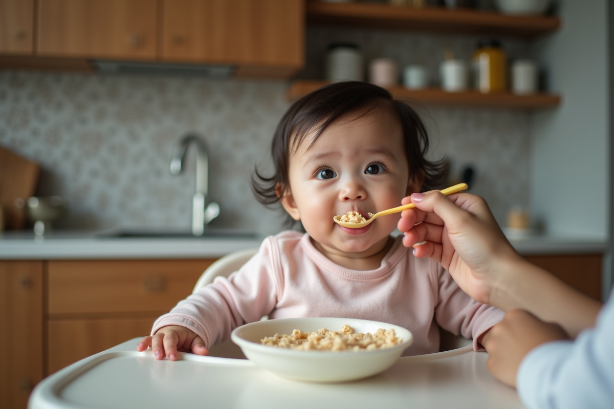 Bebe fille curieuse dégustant sa première cuillere de cereales