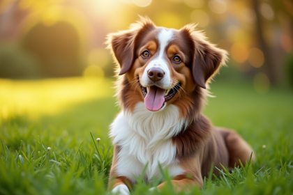 Australian Shepherd brun assis dans un jardin ensoleille