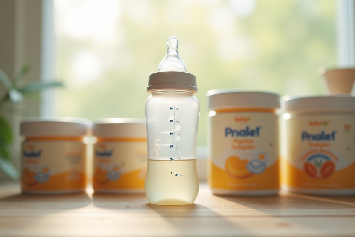 Biberon rempli à 100 ml entouré de boîtes de lait en poudre