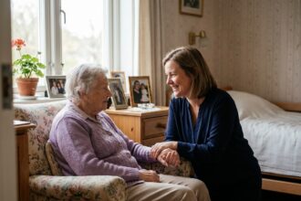 Une résidente âgée en EHPAD tenant la main de sa fille lors d'une visite familiale bienveillante dans une chambre confortable
