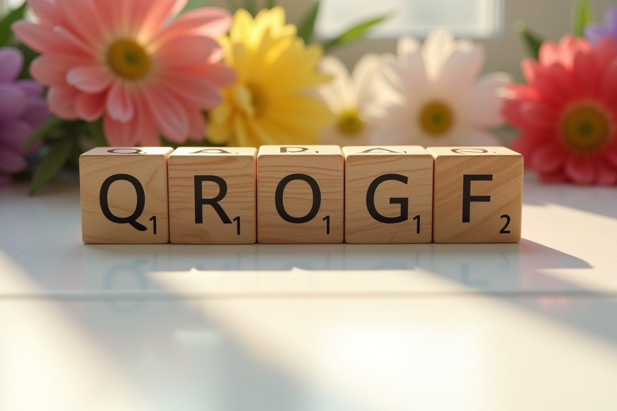 Blocs en bois gravés avec la lettre Q sur une table ensoleillee avec fleurs en arriere plan