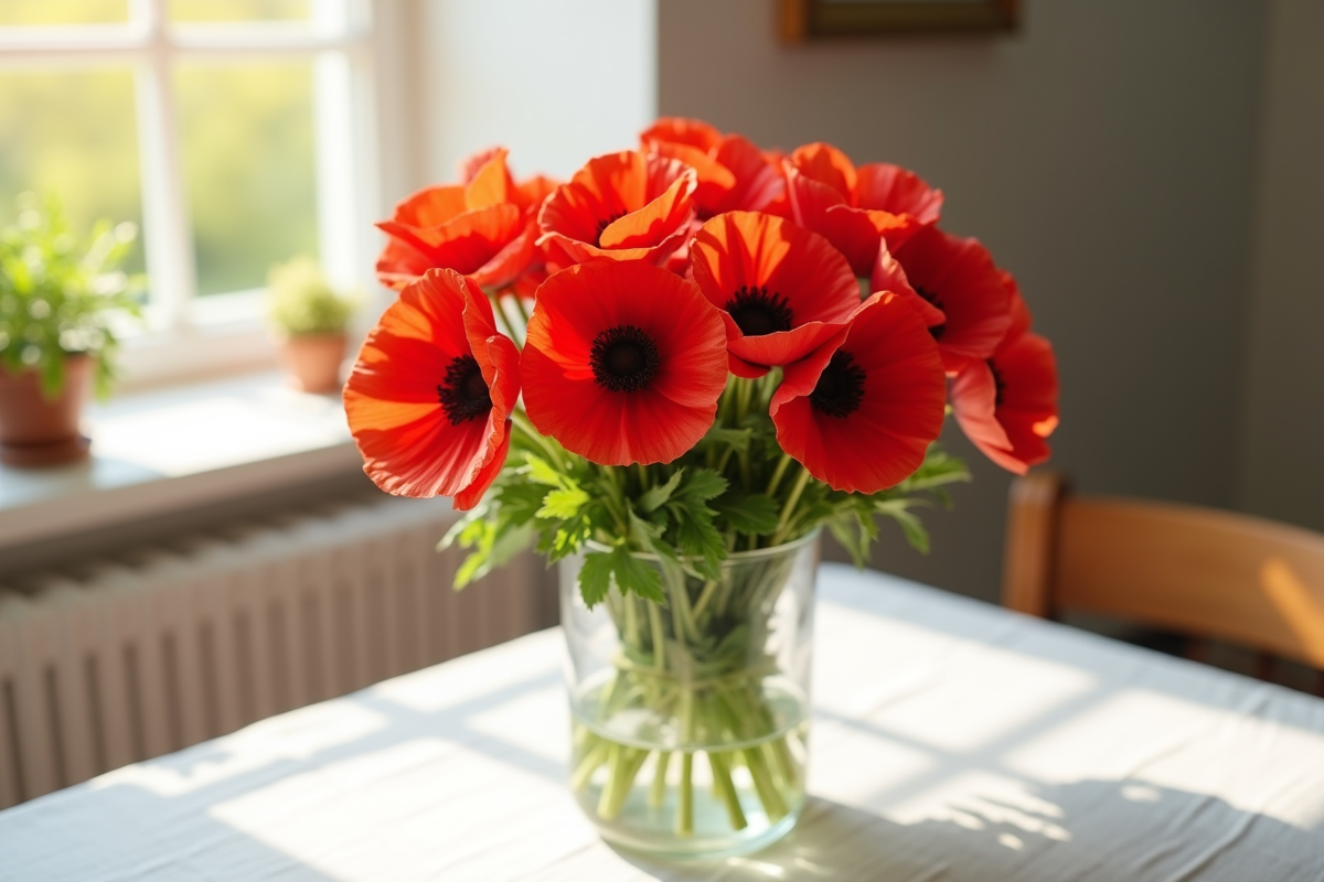 Bouquet de pivoines rouges sur table blanche en plein jour