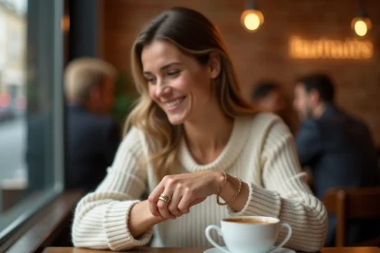 Femme portant un bracelet marraine gravé en or, assise dans un café cosy, regardant son bijou avec émotion