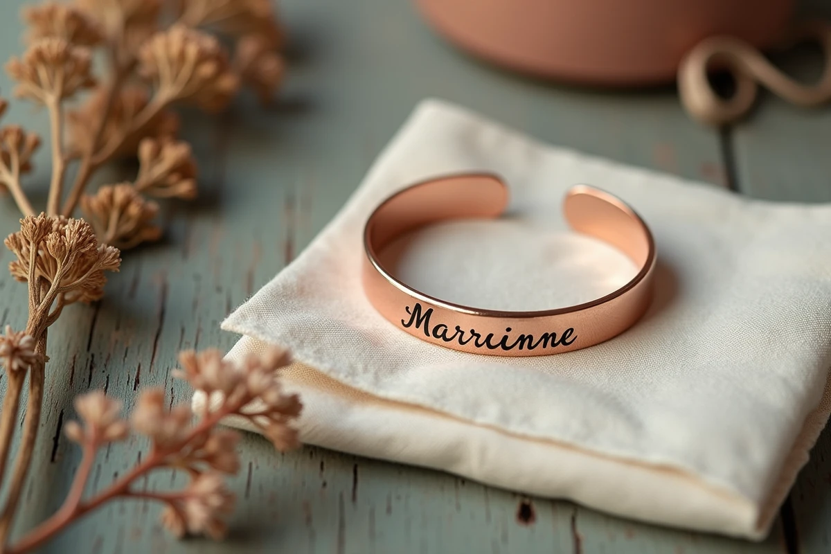 Bracelet marraine en or rose gravé posé sur tissu lin avec fleurs séchées et mot manuscrit, vue de dessus