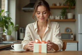 Femme enveloppant un cadeau de naissance de dernière minute avec un ruban satiné dans une cuisine chaleureuse en bois