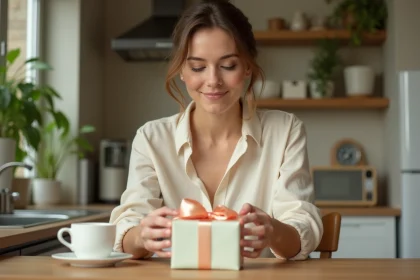 Femme enveloppant un cadeau de naissance de dernière minute avec un ruban satiné dans une cuisine chaleureuse en bois