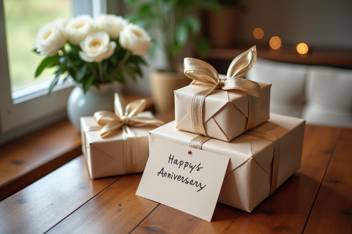 Cadeaux d anniversaire personnalisés sur une table en bois avec fleurs blanches