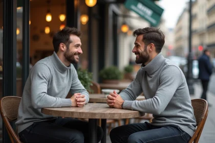 Homme en sweater gris discutant dans un cafe parisien
