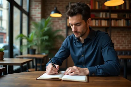 Homme pensif dans un café parisien chaleureux
