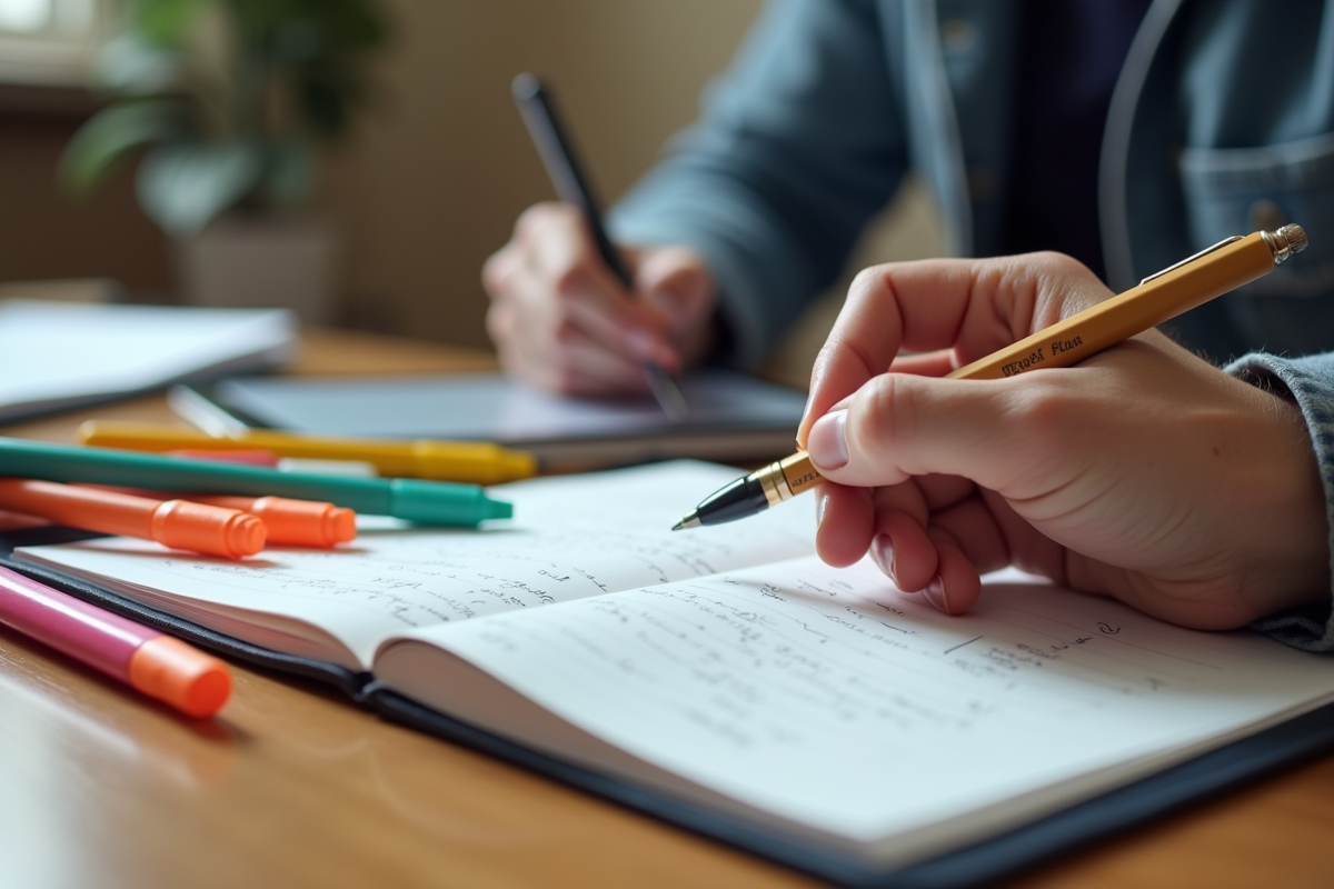 Carnet ouvert avec notes manuscrites et stylos colorés sur une table en bois