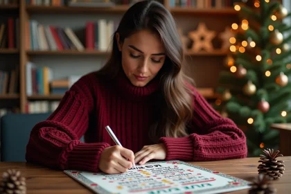 Femme écrivant une carte de Noël multilingue à son bureau en bois rustique avec sapin décoré en arrière-plan