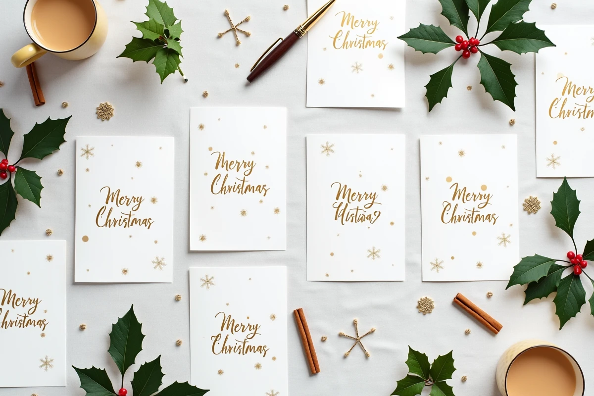 Vue de dessus de cartes de Noël imprimées multilingues disposées en flat lay avec houx et stylo plume sur nappe blanche