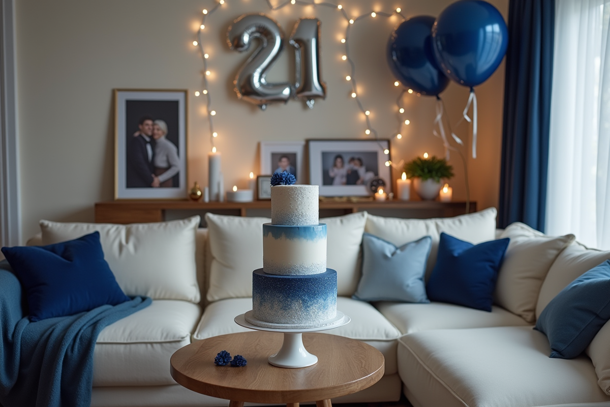 Fête intérieure chic pour anniversaire de 21 ans avec gâteau et décor minimaliste