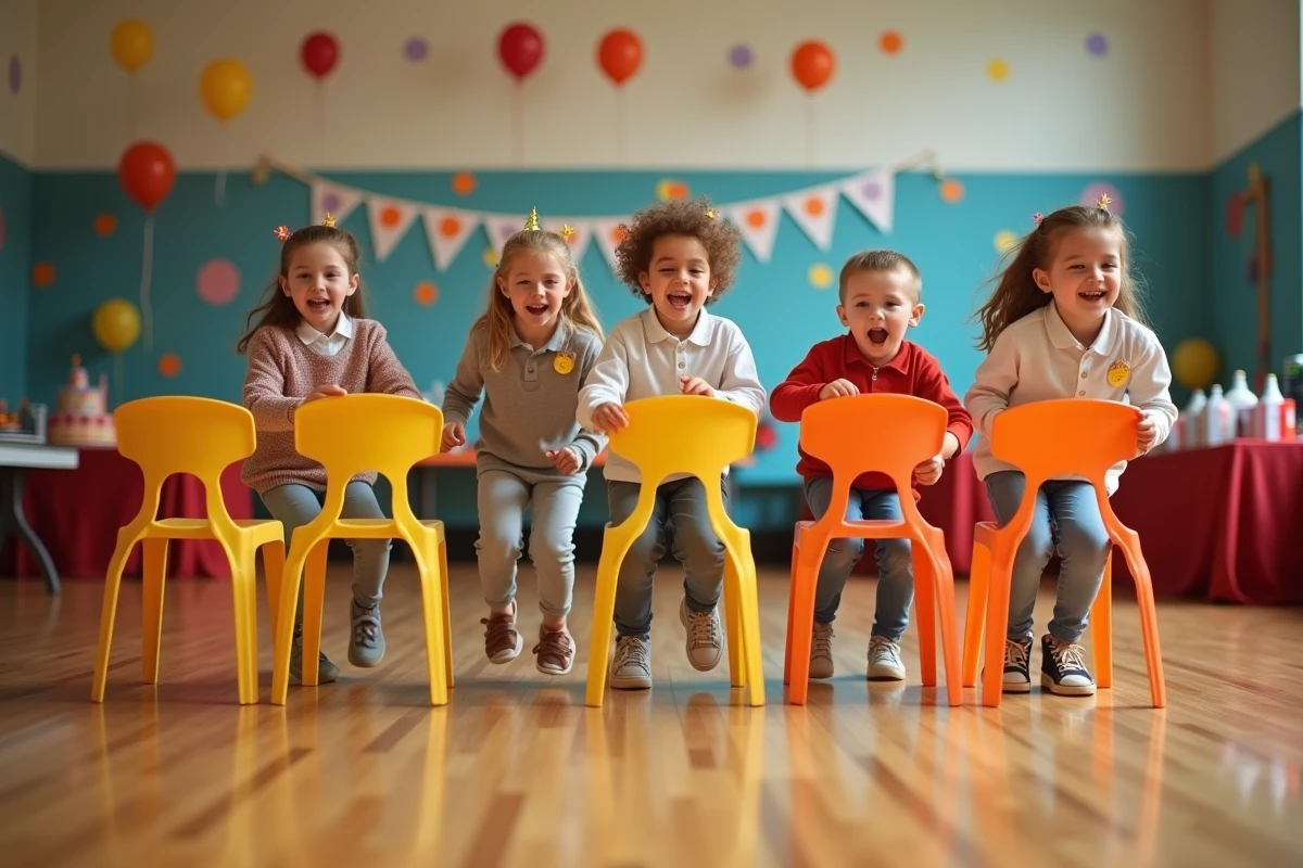 Enfants jouant à la chaise musicale lors d'une animation d'anniversaire dans une salle de fête
