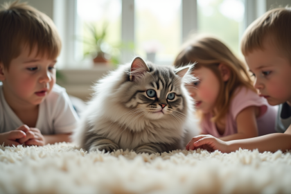 Chat persan chinchilla reposant sur un tapis avec enfants
