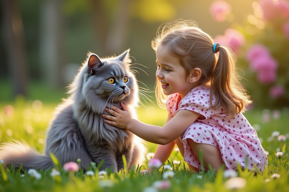 Fille caressant un chat persan chinchilla dans le jardin