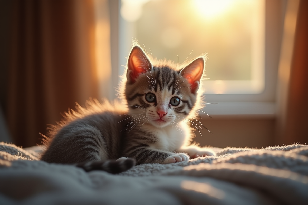 Chaton gris blanc dans les bras d