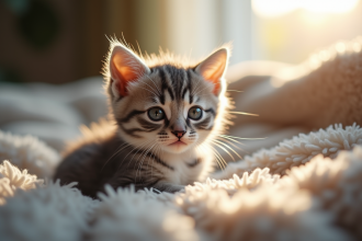 Chaton gris et blanc au soleil du matin sur un canapé