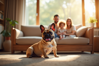Petit bulldog francais dans un salon chaleureux