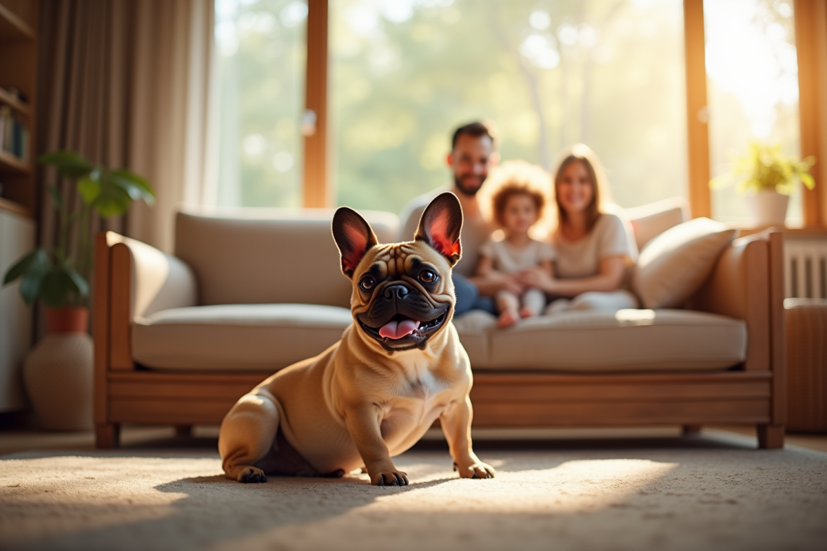 Petit bulldog francais dans un salon chaleureux