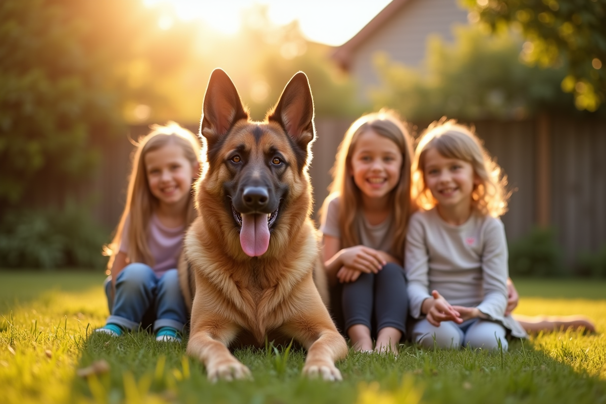Chien berger allemand et malinois allongé dans le jardin en famille