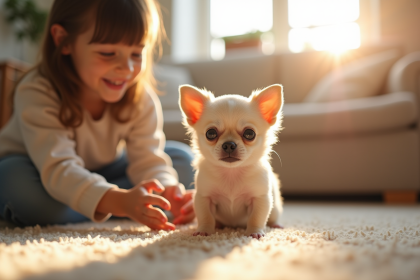 Petit chihuahua assis sur un tapis ensoleille dans un salon avec un enfant