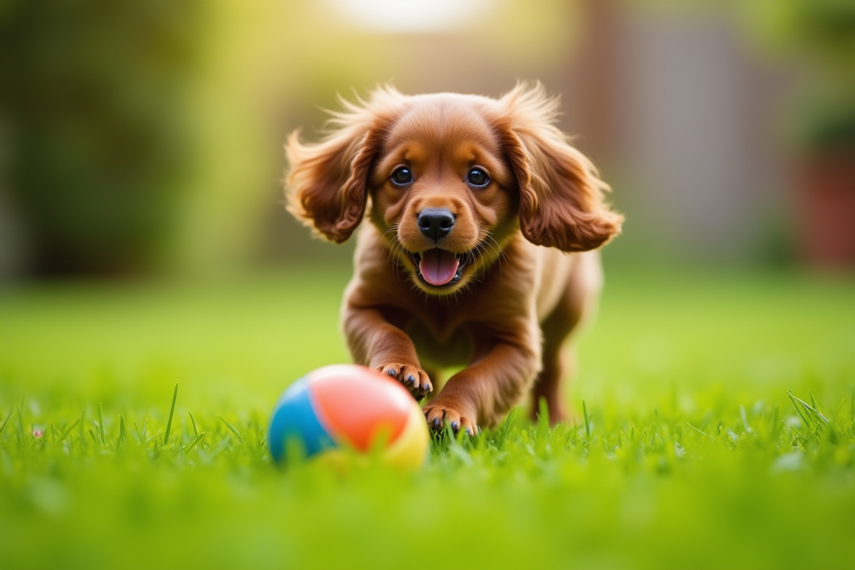 Chiot cocker spaniel poursuivant une balle dans le jardin