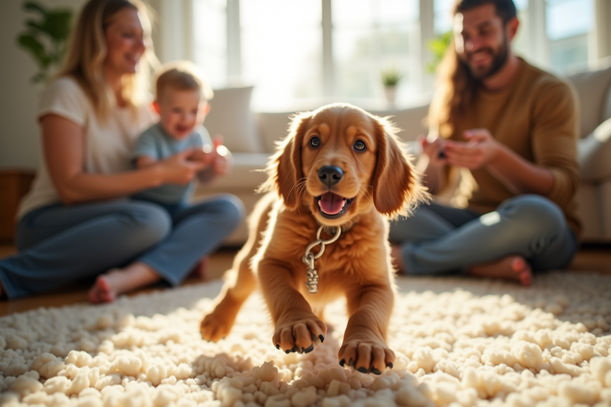 Chiot cocker spaniel jouant avec famille dans salon lumineux