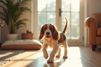 Chiot cocker spaniel entrant dans un salon lumineux et propre
